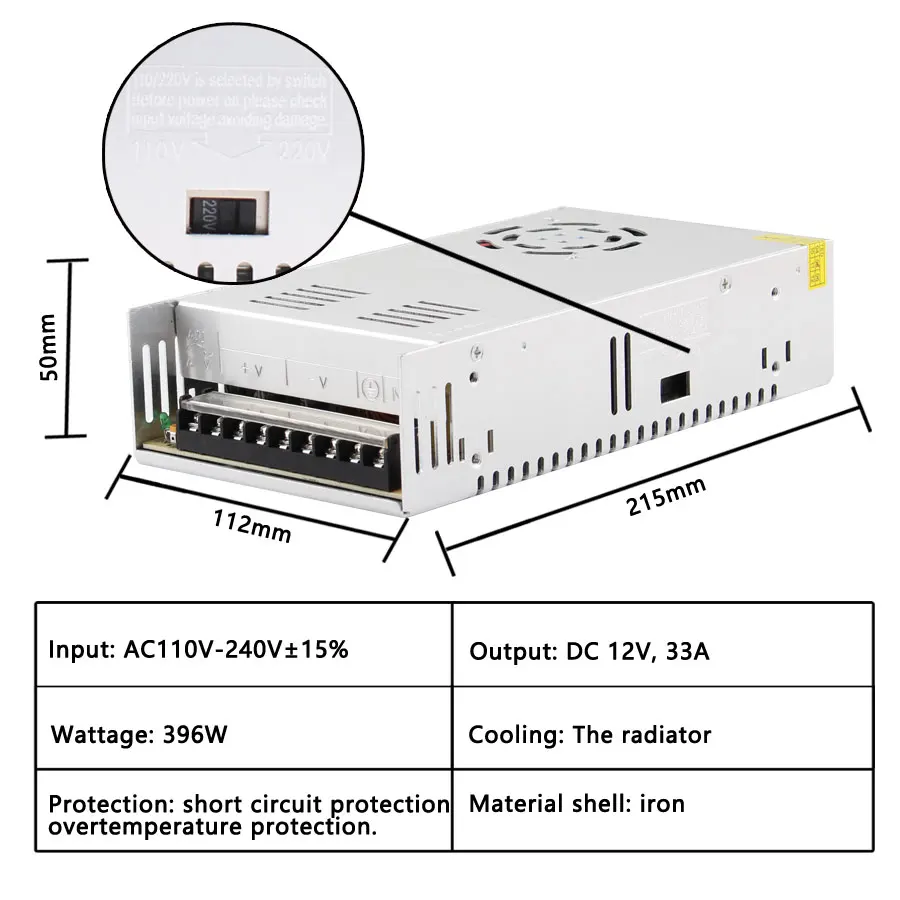 Импульсивный источник питания AC-DC Fonte 12В импульсный источник Питание 12V 1A 2A 3A 5A 6A 8A 10A 12A 15A 20A 30A 33A 40A 50A AC DC Питание импульсивный источник питания Fonte - Цвет: 12V 33A 400W