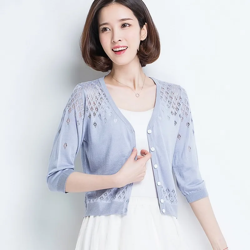 Women Thin Knitted Cardigan Coat 2019 Casual V-Neck 3/4 Sleeve Crochet Knit Cardigan Sweater Female Hollow Out Tops Women Thin Knitted Cardigan Coat 2019 Casual V-Neck 3/4 Sleeve Crochet Knit Cardigan Sweater Female Hollow Out Tops