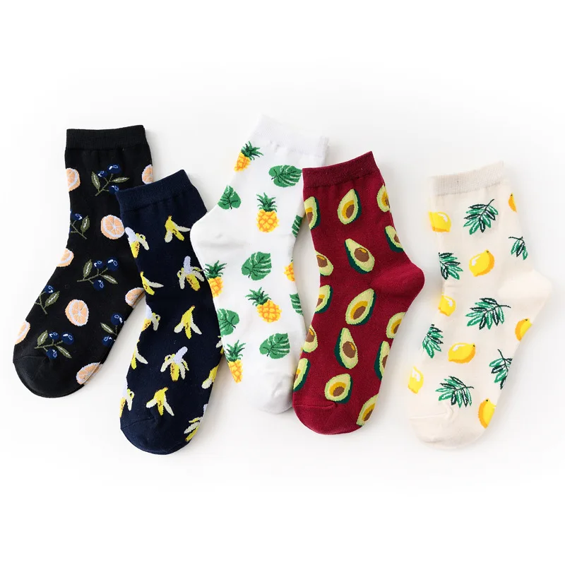 

5 Pairs Fashion Fruits Women Socks Cotton Personality Trend Warm Ladies Socks Female with Avocado Banana Very Kawaii 145