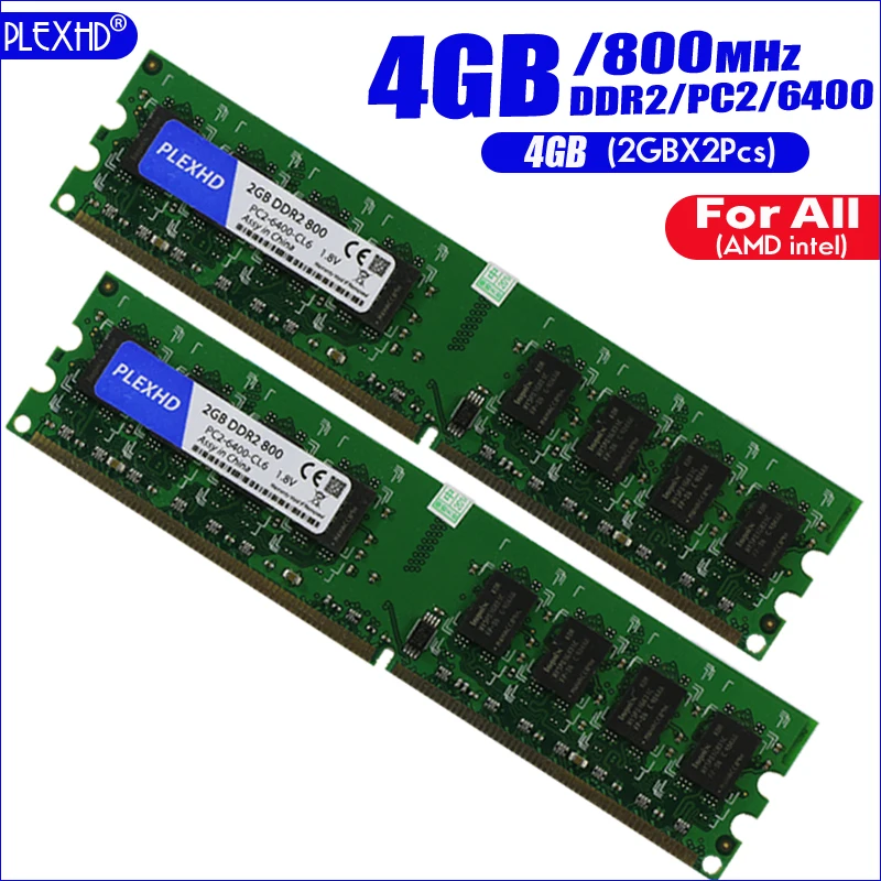 PLEXHD 4G 4 Гб(2GBX 2 шт) DDR2 pc2 6400 800 МГц(широкая версия) для настольных ПК pc2-6400 ddr2 800 МГц(для intel amd) Высокая совместимость