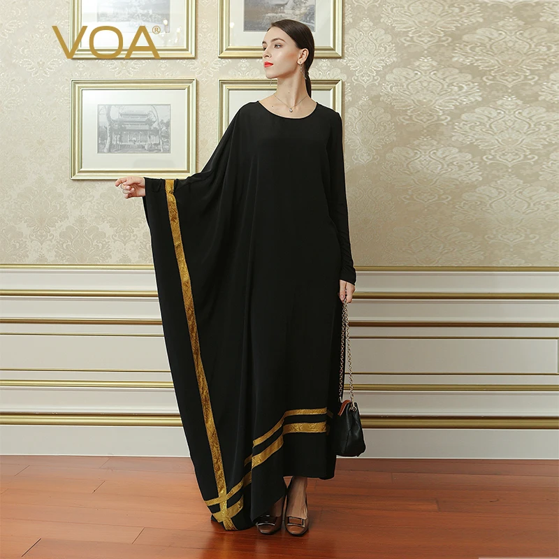 

VOA Black Plus Size Irregular Robe Dress Silk Brief Casual Women Maxi Long Dresses Muslim Abaya Arabic Islamic Dubai ALJ02001