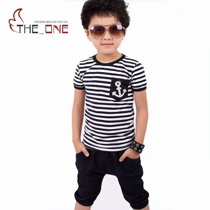 

2017 2-7T Boys Navy Striped Short Sleeve Clothing Sets Kids Boy Summer T shirt + Pants Suit Clothes Roupas Infantis Menino T380