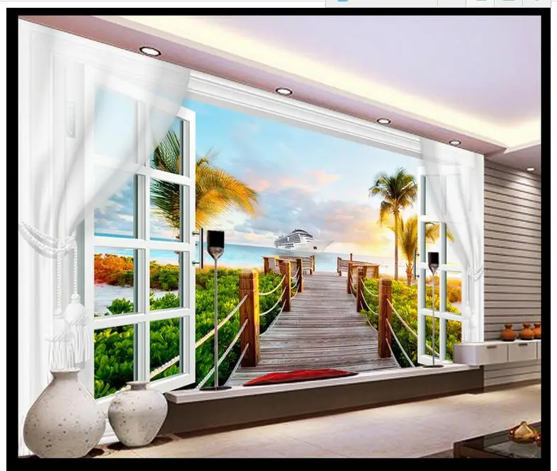 

3d photo wallpaper custom 3d murals wallpaper sitting room 3 d scenery coconut palm TV setting wall window curtain wall decor
