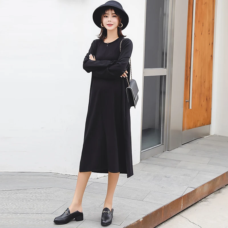 

Breastfeeding Dress Pregnant Women Long Sleeve Dress Korean Fashion Zip Split Black Maternity Dresses Pregnancy Clothes