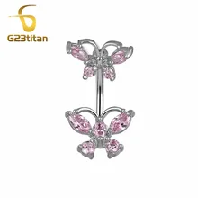 Богемные женские ювелирные изделия для пирсинга тела двухсторонние розовые хрустальные бабочка пупок серьги серебро 14 г титановые кольца для пупка