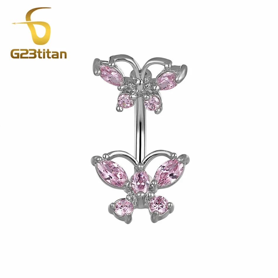 

Bohemia Women Body Piercing Jewelry Double Side Pink Crystal Butterfly Navel Earrings Silver 14G Titanium Belly Button Rings