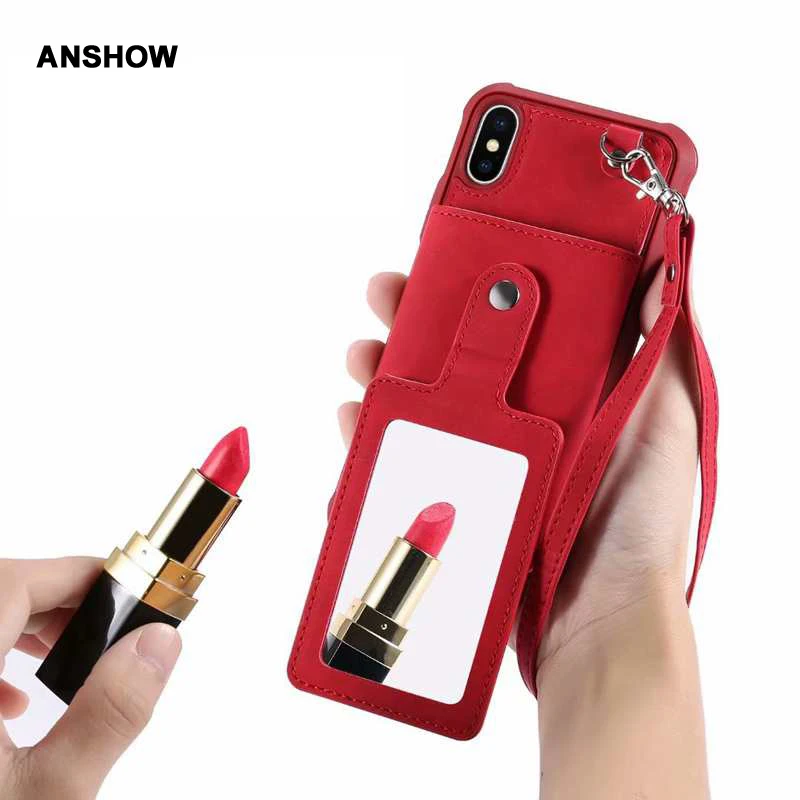 

Bling Mirror Wallet Leather Case For Iphone XS MAX XR X 10 8 7 6 Plus Galaxy Note 9 S9 S8 Card Slot ID Phone Cover Strap Pouch
