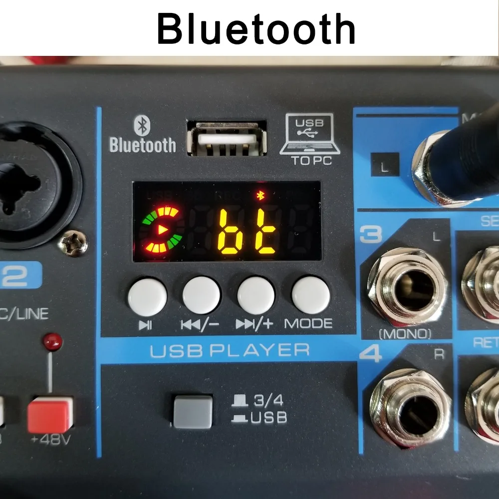 LOMOEHO AM-04 2 Mono + 1 Stereo 4 Channels Bluetooth USB 48V Phantom Professional DJ Audio Mixer
