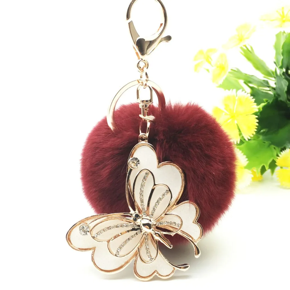 

2017 new trinket fake pompom keychain bunny keychains on bag rabbit fur Keychain fur pom pom charms for bags anime