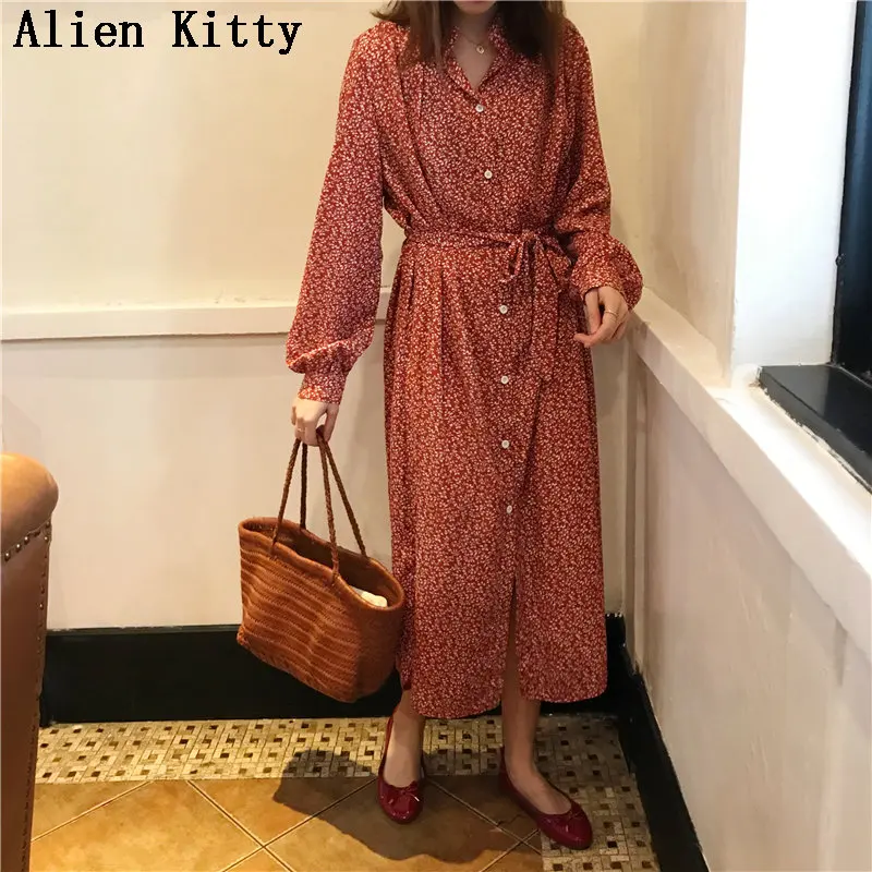 Женское однобортное платье до середины икры Alien Kitty повседневное свободное с