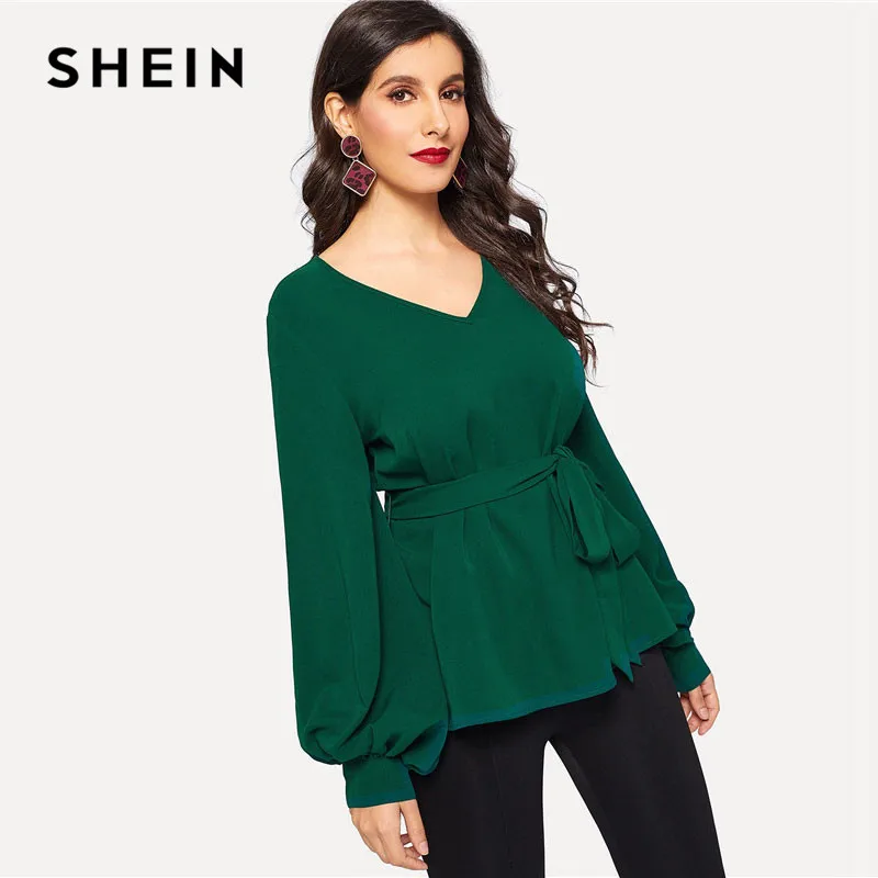 SHEIN Блузка С Поясом Оригинальным Рукавом И Узором Женская Весенняя Классическая V