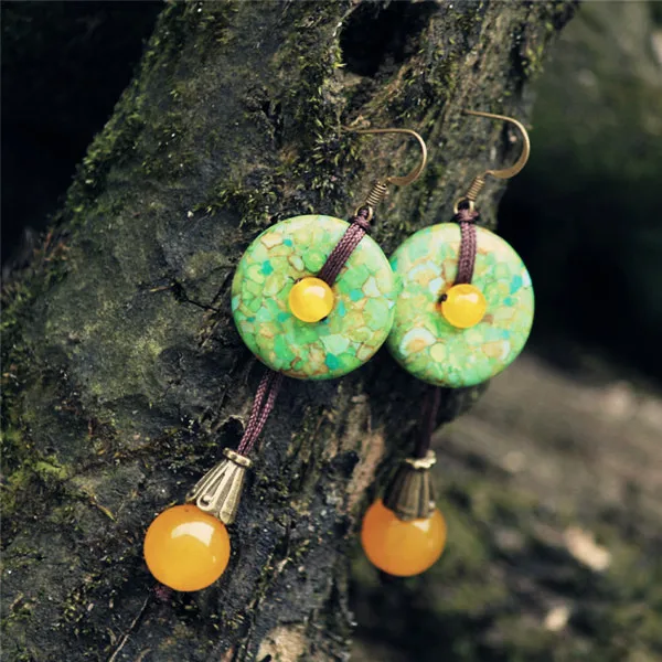 

Beautiful Fashion Summer Jewelry Unique Colored Tur quoise Button Hanging Yellow Chalcedony Earrings Original Ethnic Jewelry