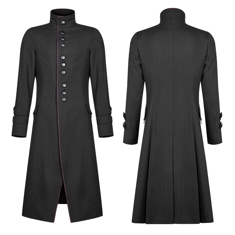 PUNK RAVE Mens Gothic Jakcets Simple Mid-length Coats Fashion Stand Collar Evening Party Long Jacket Stage Performance Long Coat