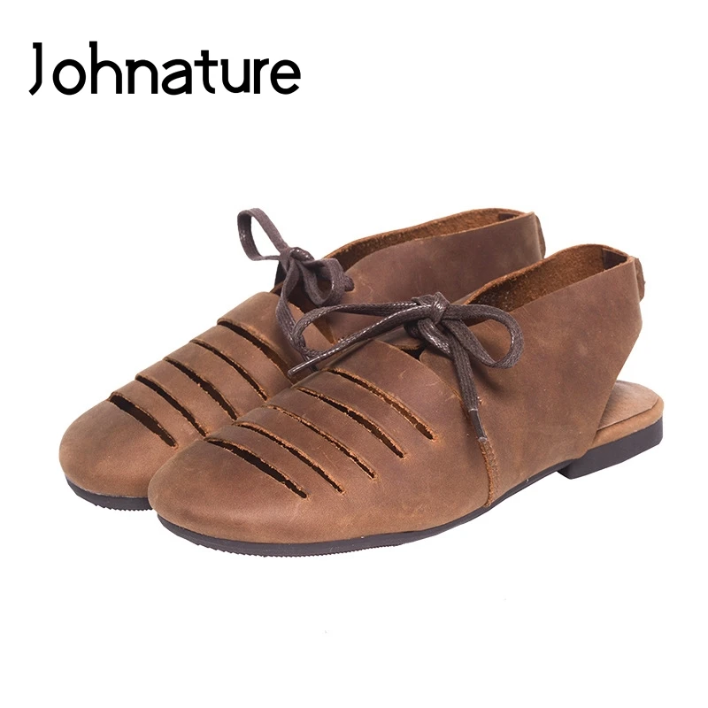 

Johnature Genuine Leather Flat With Summer Sandals Lace-up Casual Solid Color Retro Cross-tied Back Strap Hollow Women Shoes