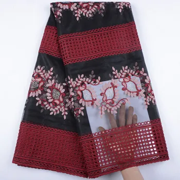 

2019 New Arrival Red+Black African Lace Fabric High Quality French Milk Silk Lace Fabric With Stones For Wedding Dress 1545