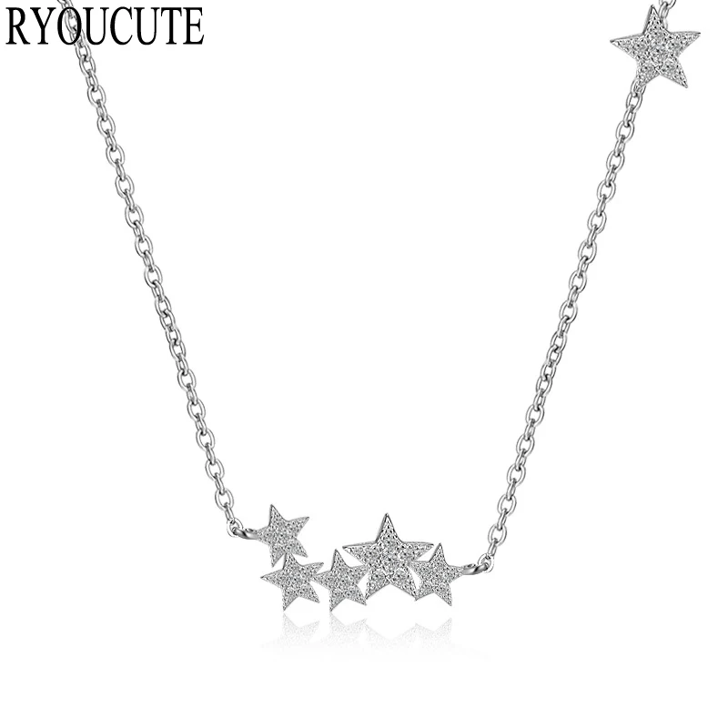 

New Arrivals 925 Sterling Silver Crystal Star Necklaces For Women Girls Cubic Zirconia Long Necklaces Bijoux Jewelry Wholesale