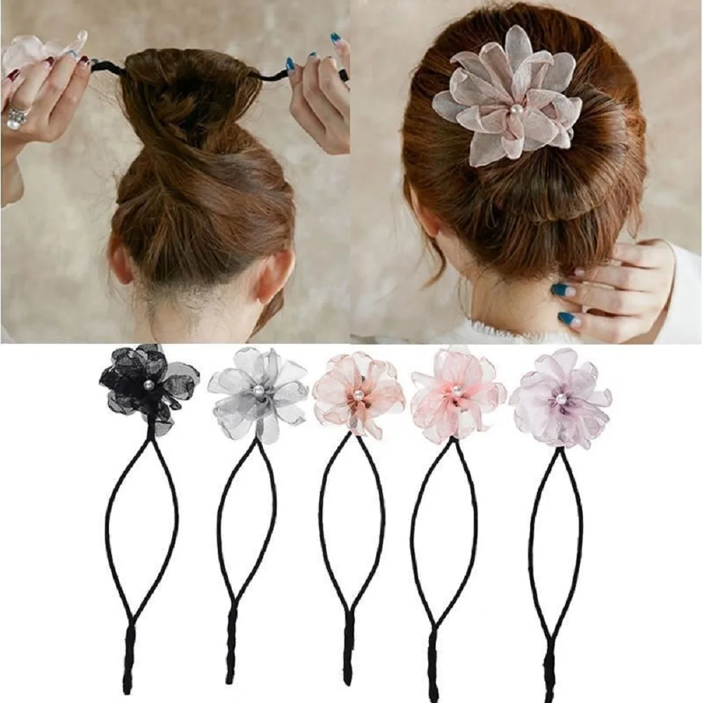 

Fashion Woman Flower Donuts Twist Headband Magic Hair Bun Maker DIY Hairstyle Tool Pearl Dish Hair Accessories Sweet Hairband
