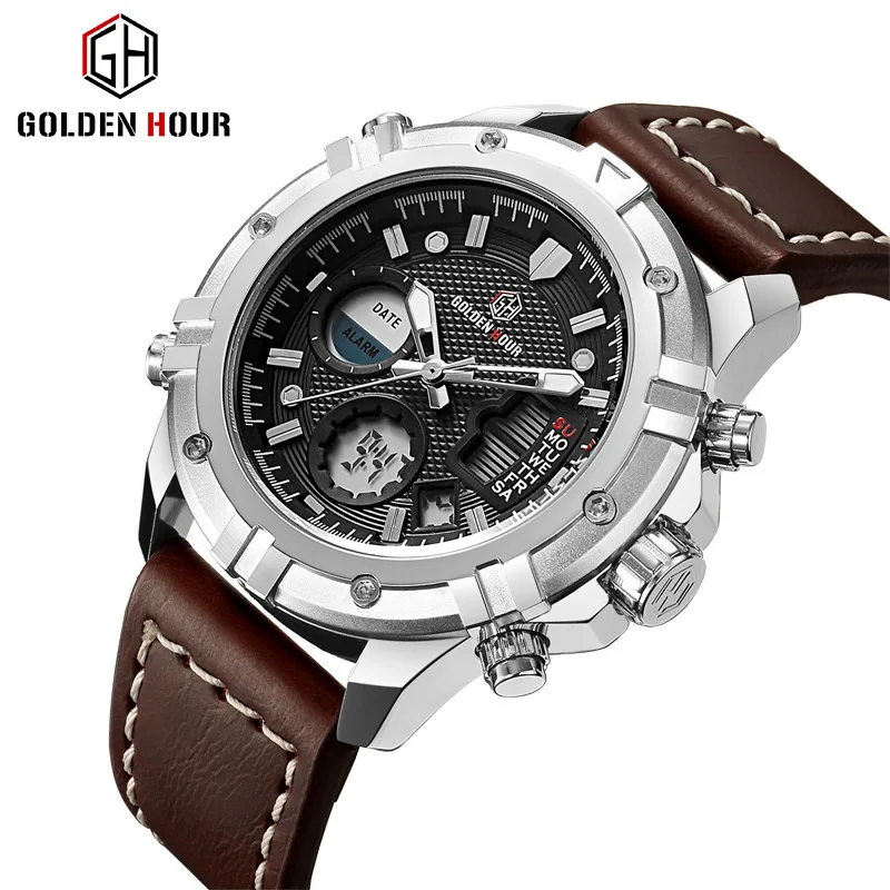 

Goldenhour Sport Watch Men Luxury Top Brand Mens Watches Quartz Dual Display Wristwatch Luminous Alarm Leather Relogio Masculino