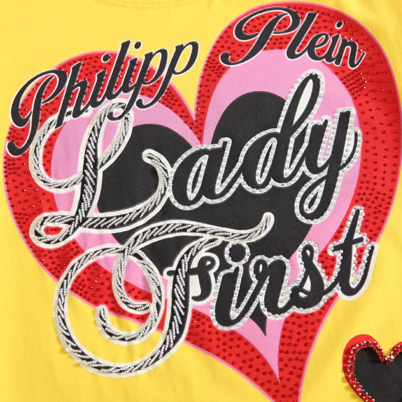 New Arrival 2018 Summer Women's Fashion Slim O Neck Short Rhinestone Heart Letter Printing T Shirt Tops Ladies Geometric Shirts Tops