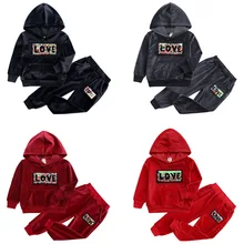 Новая детская одежда весенне-осенний спортивный костюм для девочек однотонный спортивный костюм с капюшоном и надписью «L O V E» комплекты одежды для мальчиков Одежда для детей