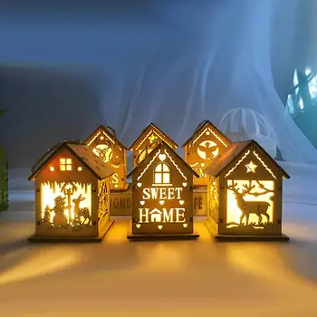 

6Pcs Christmas Tree Glittery LED Light Wooden House Hanging Ornament DIY Craft
