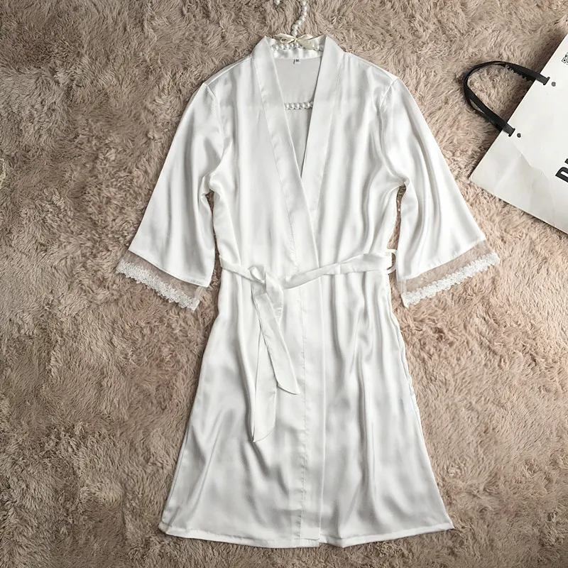 

White Bride Bridesmaid Wedding Robe Sexy Female Nightwear Summer Kimono Bathrobe Casual Yukata Night Gown Lace Trim Sleepwear