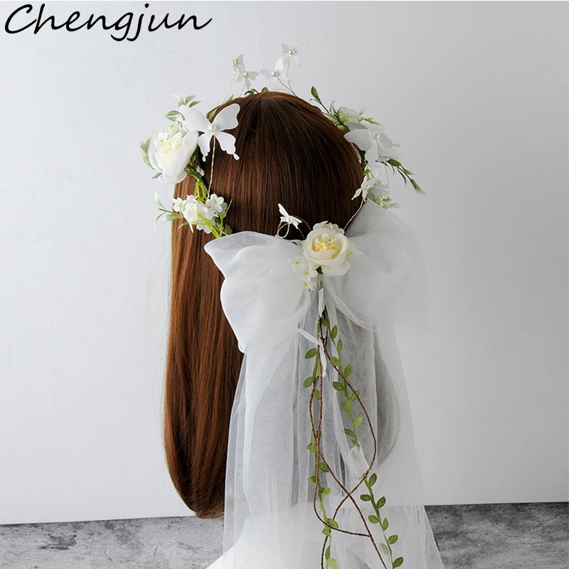 Chengjun Свадебные аксессуары японский стиль Искусственный Цветок Тюль Свадебная повязка на голову