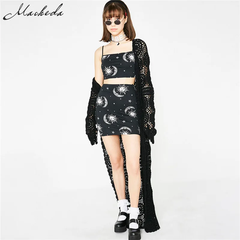 

Macheda Women Summer Black 2 Pcs Set Printing Casual Halter Tops And Mini Skirt Fashion Slim 2 Pieces Set 2019 New Arrival