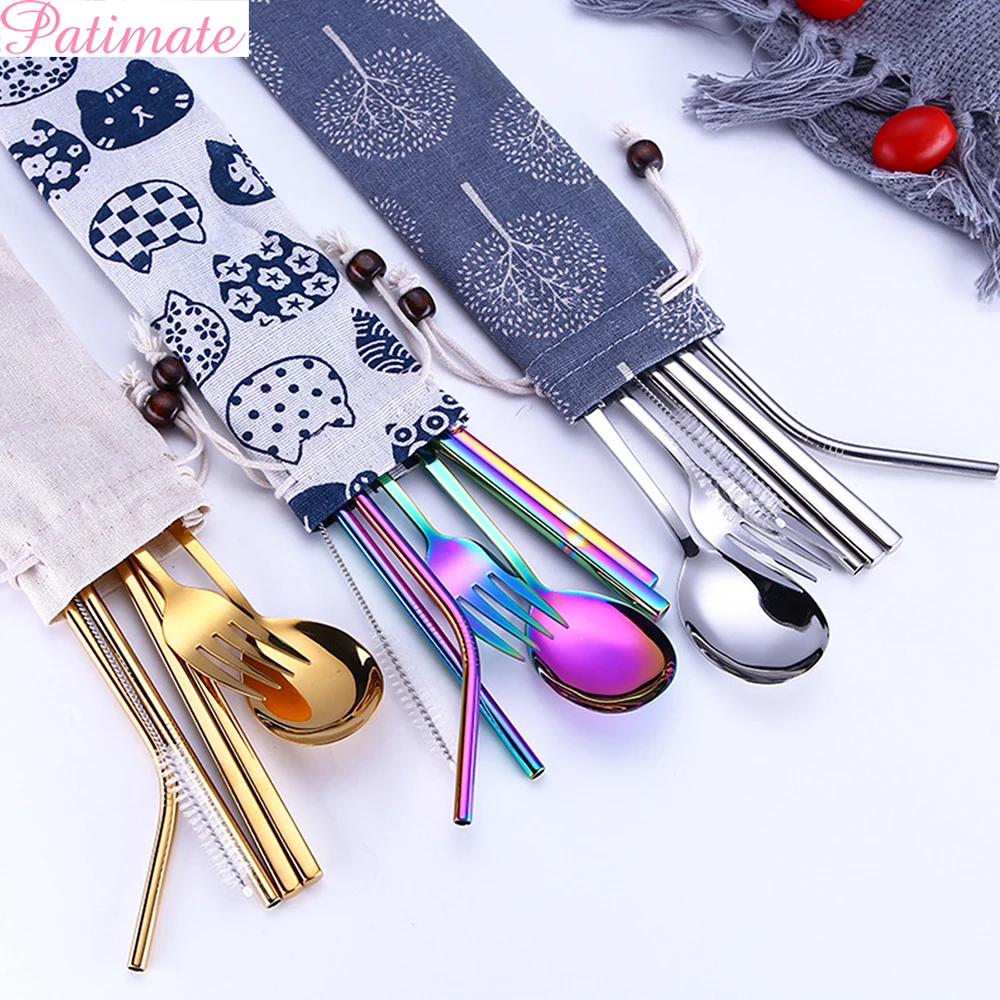 

PATIMATE Stainless Steel Tableware Set Reusable Spoon Fork Chopsticks Straw For Party Supplies With Cloth Pack Cutlery