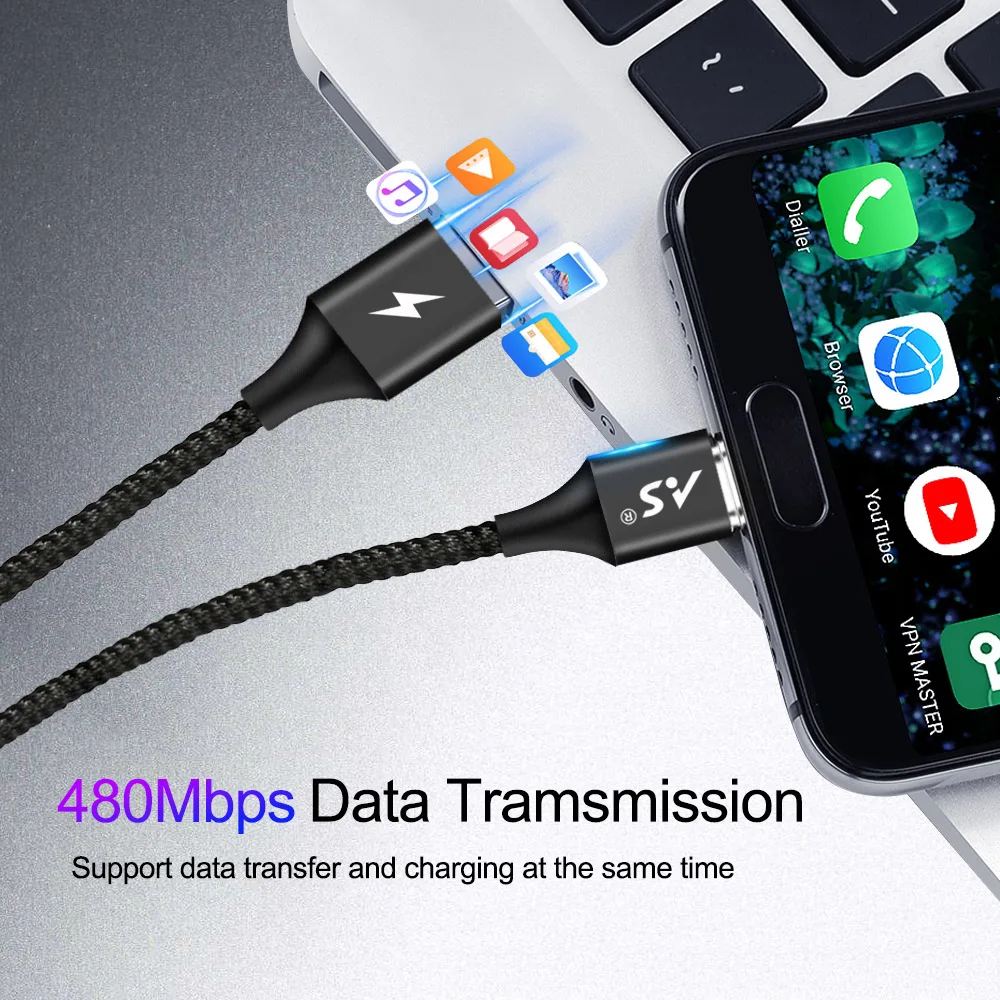 AS USB نوع C تهمة USB C كابل مغناطيسي نوع-C الحبل الهاتف شاحن سامسونج S9 S8 ملاحظة 8 Xiaomi Mi6 هواوي المحمول محول