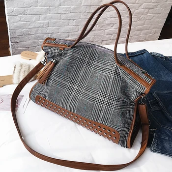

ETAILL Luxury Brand Women England Canvas Plaid Bags Large Tote Bag Female Handbags Designer Big Crossbody Tassel Messenger Bag