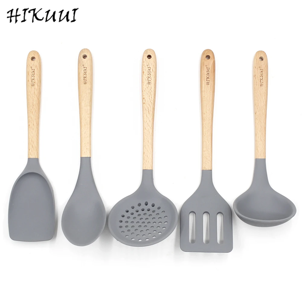5PCS/Set Wooden Handle Utensil Set Cookware Food Grade Silicone Kitchen