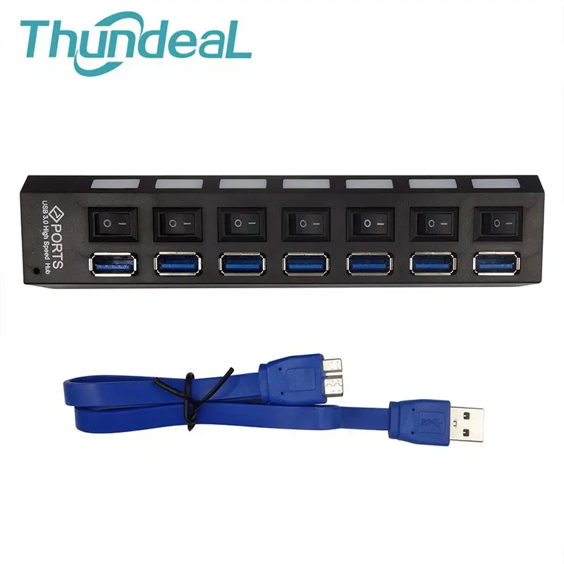 ThundeaL USB 3,0 концентратор Мульти 7 портов высокоскоростной концентратор 5 Гбит/с USB разветвитель с переключателем вкл/выкл периферийные устройства для ПК портативный компьютер - Цвет: Black