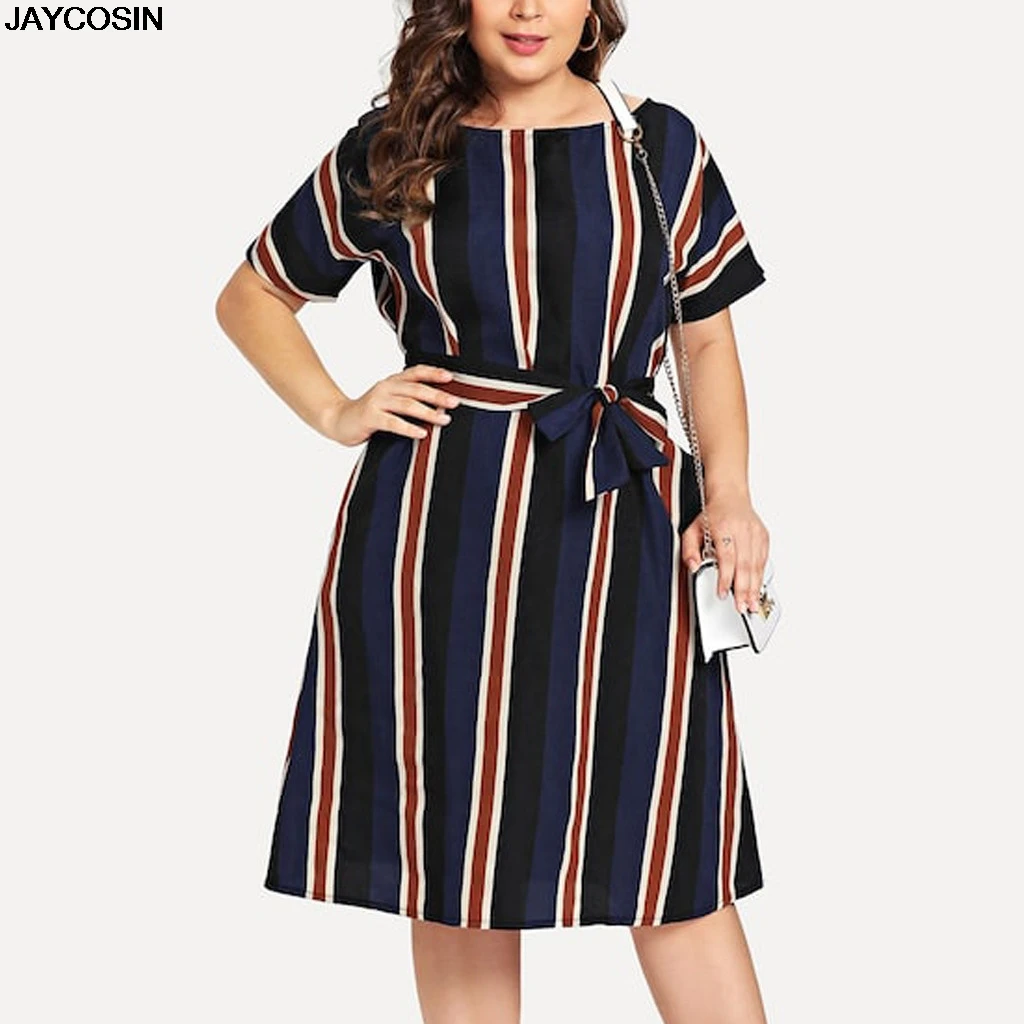 

JAYCOSIN Womens Summer Casual Chiffon Striped O Neck Short Sleeve Dress With Sashes Women's Fashion Party A-Line Dress 20190328