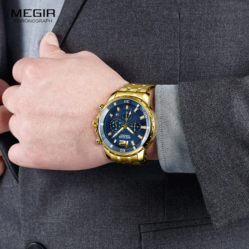 Megir Men's Gold Stainless Steel Quartz Watches Business Chronograph Analgue Wristwatch for Man Waterproof Luminous 2068GGD-2N3 3