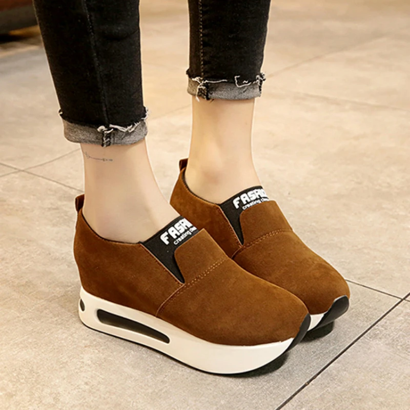 

2019 Sneakers Woman Slip on Platform Shoes Flock/PU Shoes Women Casual Heel Height Increasing Wedge Shoes Basket Women shoes
