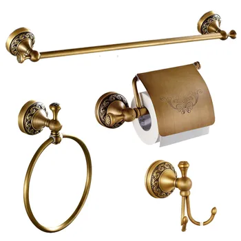 

US Freeship Antique Solid Brass Brushed European Carved Bath Accessories Set 4 Pieces (towel Ring Hook Paper Holder Towel Rack)