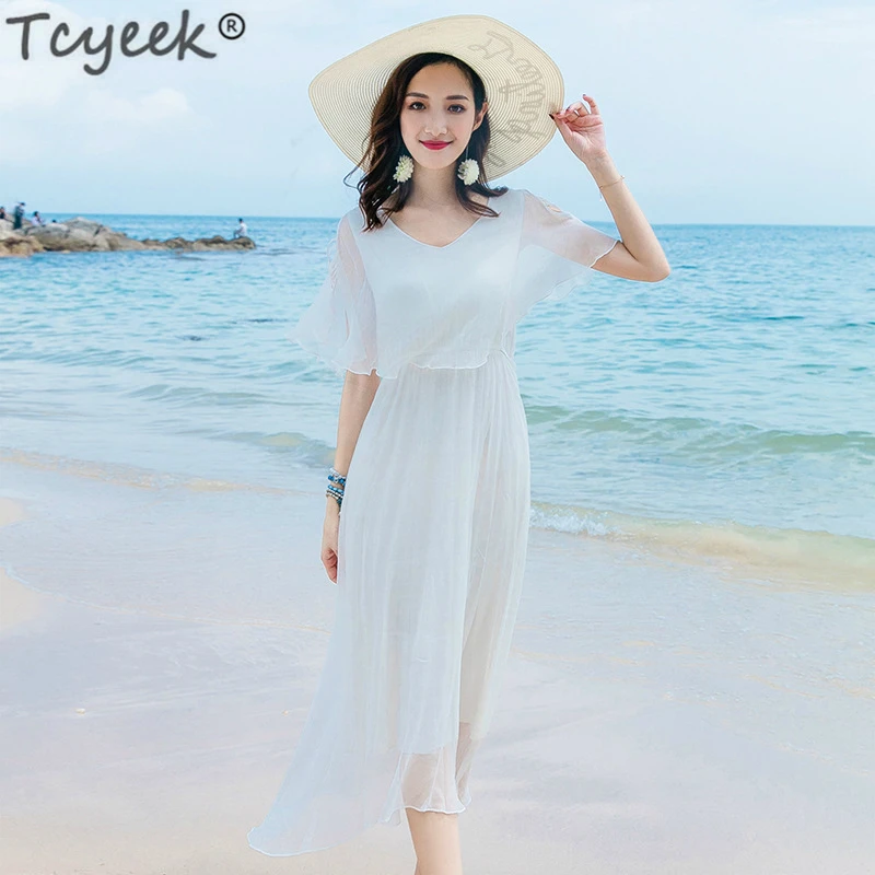 

Tcyeek Silk Summer Dress Women White Beach Dress Elegant Party White Red Dresses Long Maxi Dresses Vestidos Verano 2019 LWL1538