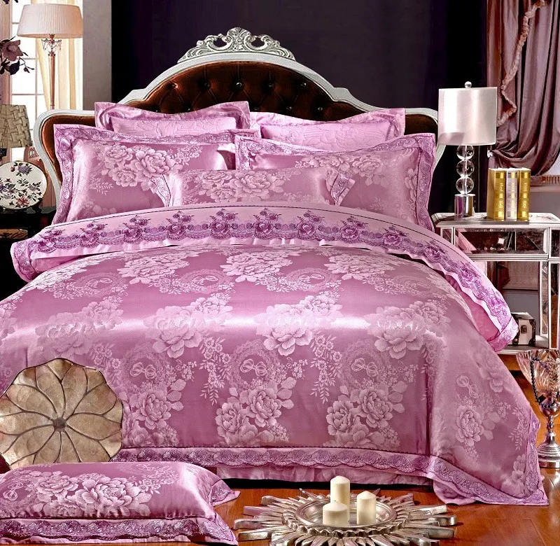 White Silver Color Jacquard Luxury Bedding sets 4/6 Pcs Queen/King size lace cotton Stain Bed set Bed linen Duvet cover pillow 88