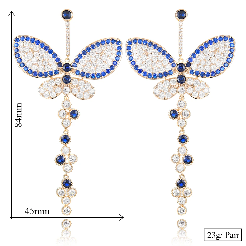 Godki роскошный синий бабочка Длинные трендовые длинные серьги кубический фианит свадебное обручальное вечерние Дубай золотые серьги для женщин