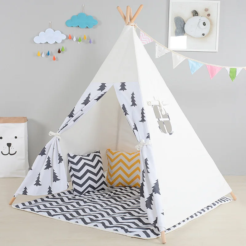 Children Tent Toy For Kids Room Canvas Indian Tipi Tent For Indoor Outdoor Baby Play House Four Wooden Pole Teepee Wigwam