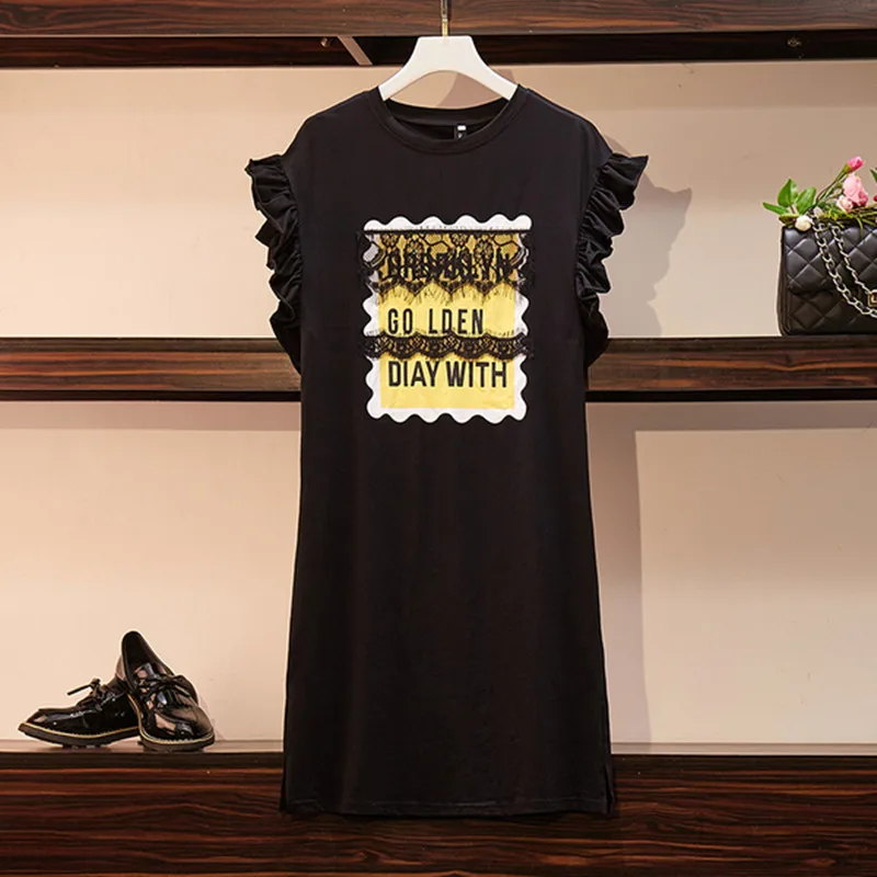 

Women Vintage Black Tshirt Dresses Lace Ruffles Sleeveless Straight Dresse Women Summer O-neck Letter Prints Dress S-3XL