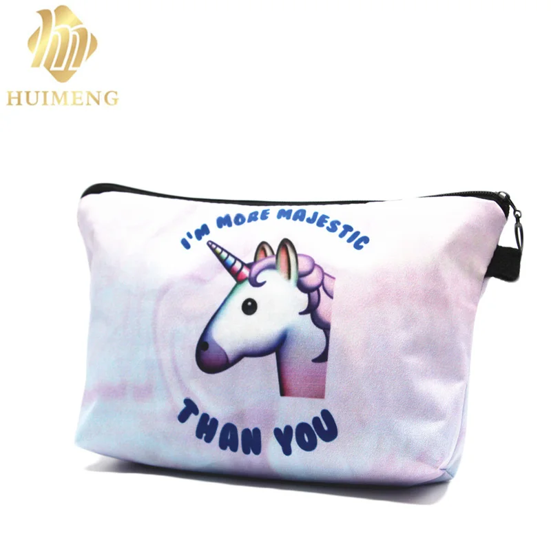 

2018 HUIMENG fashion 3D Printed Unicorn Cosmetic Bags boutique Kawaii Style Colorful Gift Girls Portable Travel cosmetic bag