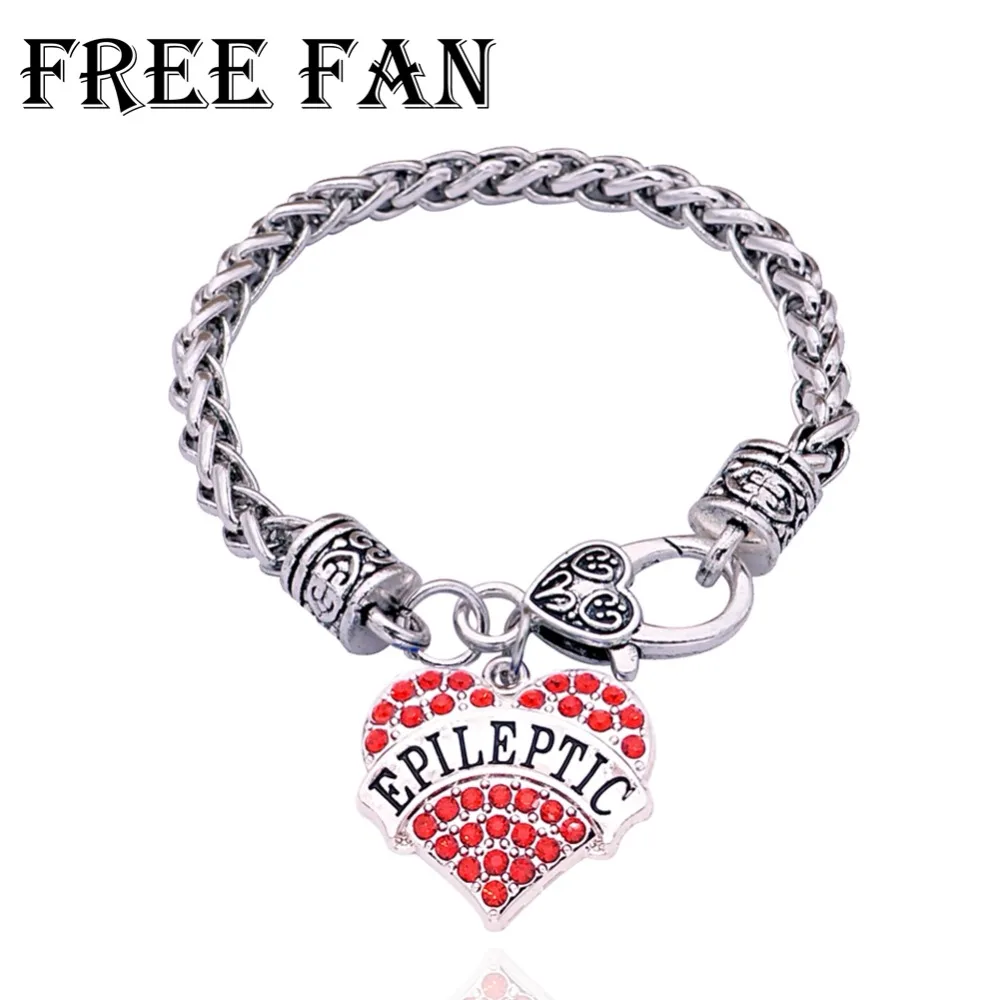 

Free Fan Vintage Epileptic Awareness Medical Alert Bracelet Fashion Women Crystal Medical ID Heart Bracelet Femme Gift