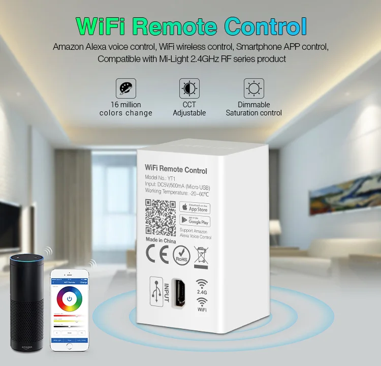 

Milight YT1 WiFi Remote compatible with 2.4GHz RF Series Product Smartphone App WiFi Wireless Control DC5V/500mA(Micro USB)