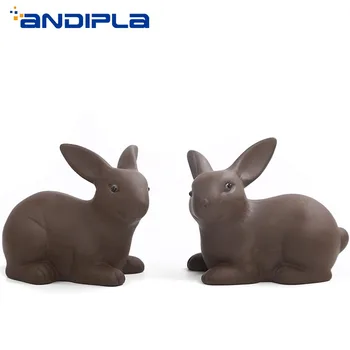 

2pcs Chinese Handmade Lovely Rabbit Figurine Tea Pet Yixing Purple Clay Animal Model Tea Tray Ornament Office Home Decoration