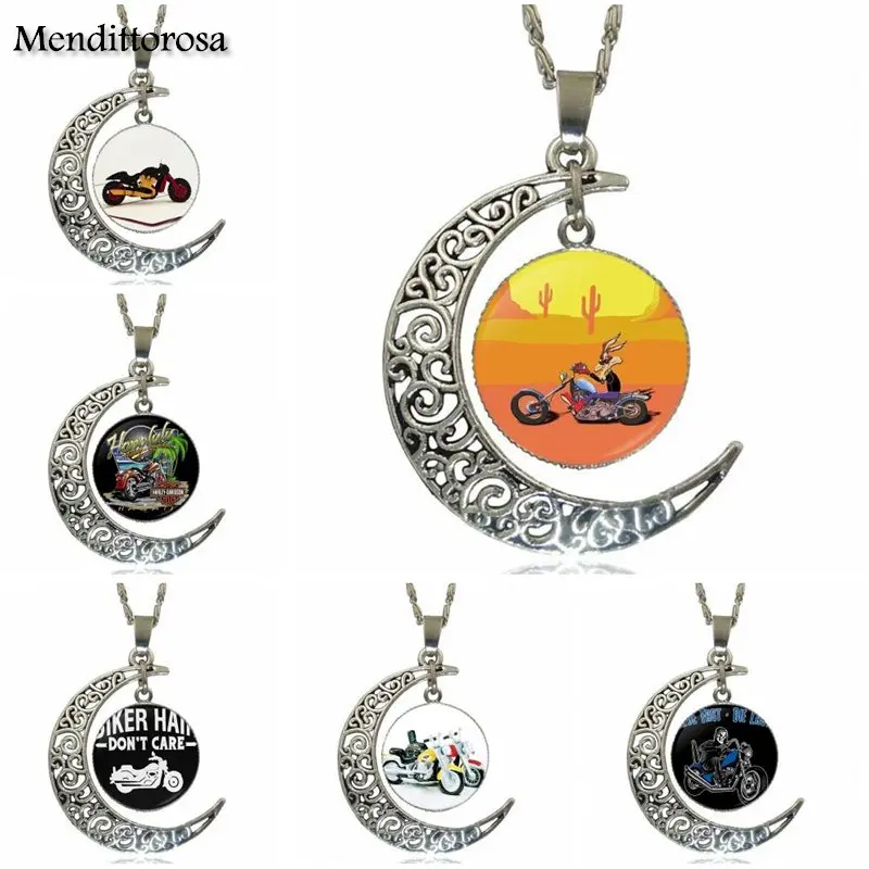 

For Women Girls Glass Cabochon Jewelry Silver Color With Crescent Moon Shaped Long Pendant Choker Necklace Harley Motorcycle