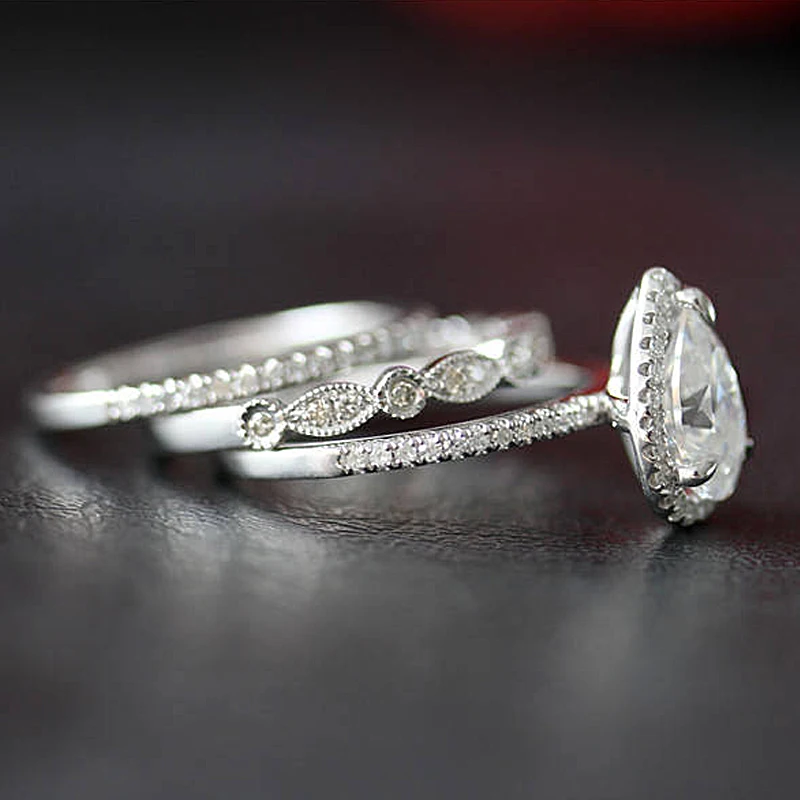 1.5ct 9X6 жумчужный разрез обручальное кольцо и комплект Свадебный 14K белое золото Moissanite кольцо набор кольцо на головщину Halo Кольцо