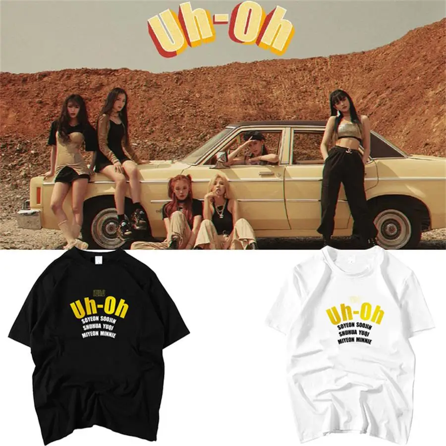 

Kpop GIDLE Uh-Oh Support Cotton T-Shirt Soyeon Soojin Fashion Tee Loose Tshirt for Men and Women