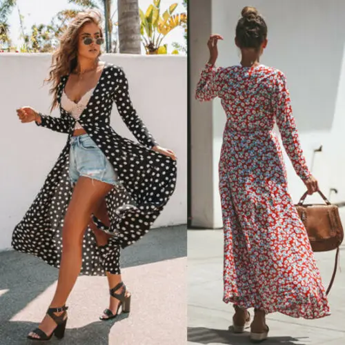 

2019 New Women's Floral Boho Kimono Long Maxi Dress Dot Polka Long Sleeve Duster Cardigans Loose